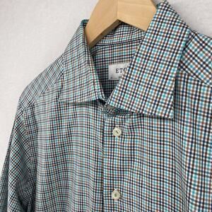 ETON Shirt Mens L 42 16.5 Contemporary Gingham Plaid Check Button Up Cotton Blue